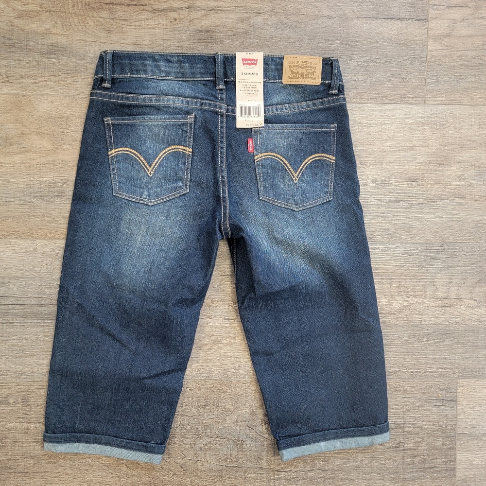Levi's Skimmer Bermuda Denim Crop Jeans Girls 12 Reg Capri Distressed Dark NWT